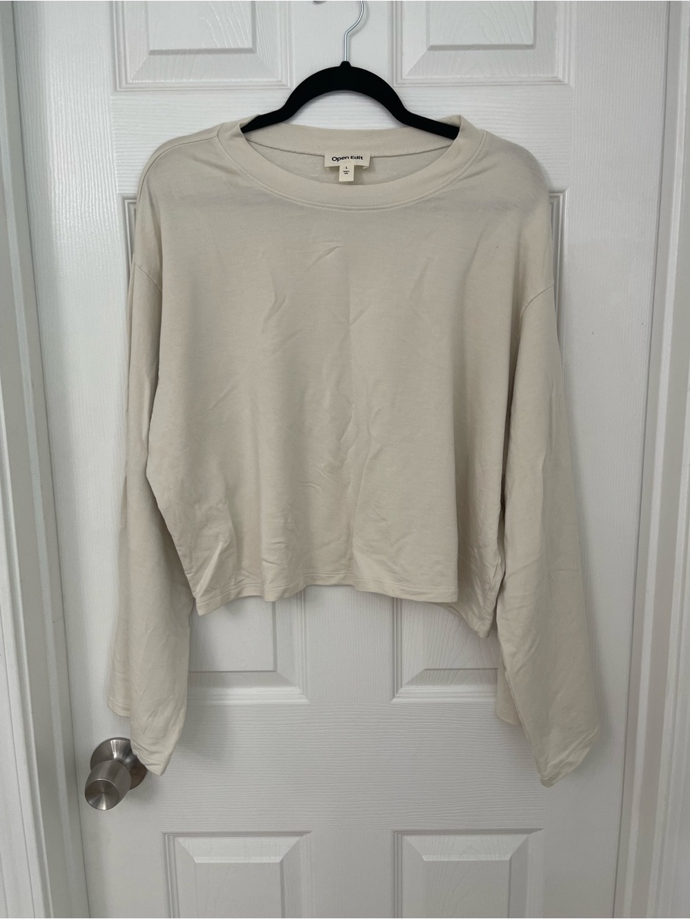 Open Edit Knit Cream Cropped Fall Crewneck Sweatshirt Size L